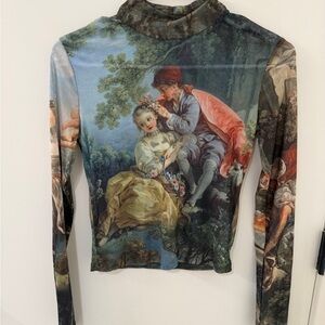 DollsKill Davinci Art Print Long Sleeve Mesh Top